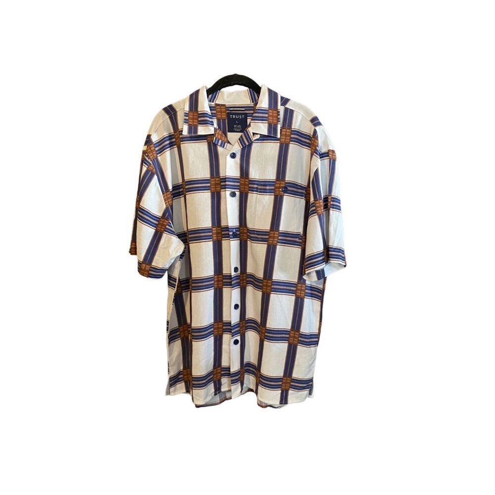 Trust men’s white brown tan plaid short sleeve linen, blend, shirt, size large